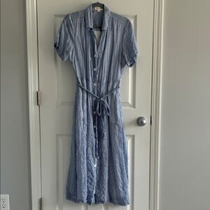 cloth & stone Blue and White Striped Button Midi Dress with Tie Waist